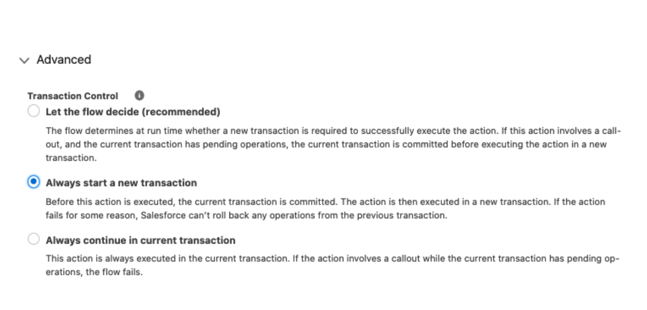 Image that shows how to enable Transaction Control in the Advanced section of an invoked action.