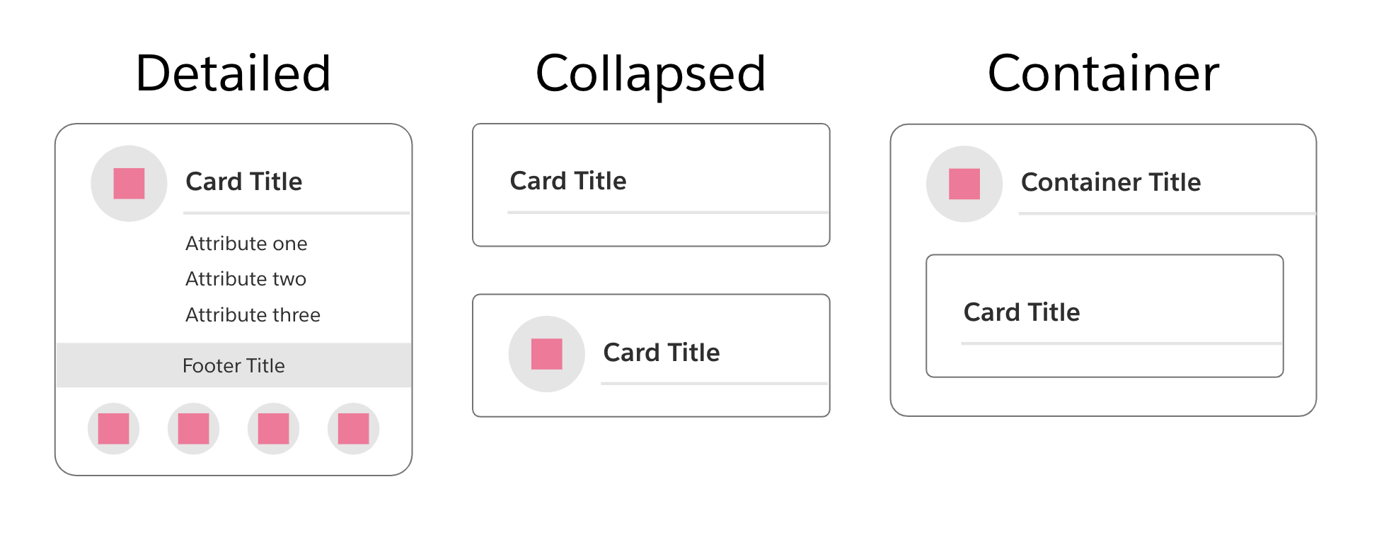 examples of  detailed, collapsed, and container card variations