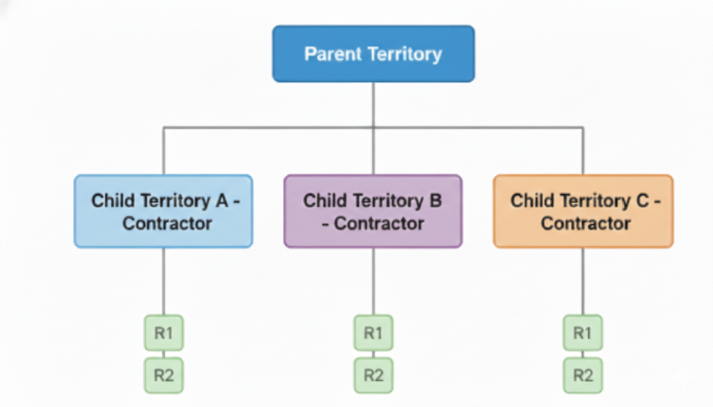 Territory-based sharing hierarchy showing a parent territory with three child territories, each assigned to a different contractor company with their own resources